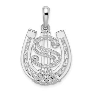 925 Sterling Silver Dollar Sign In Equestrian Horse Shoe Necklace Charm Pendant